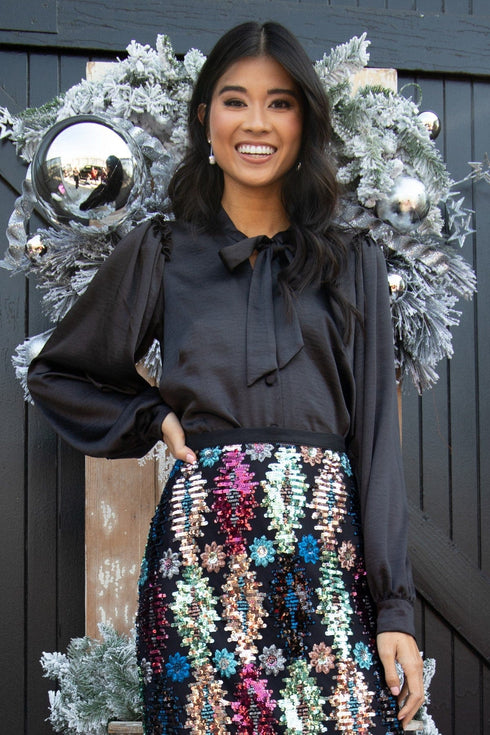 Black Blouse Josephine bow tie satin